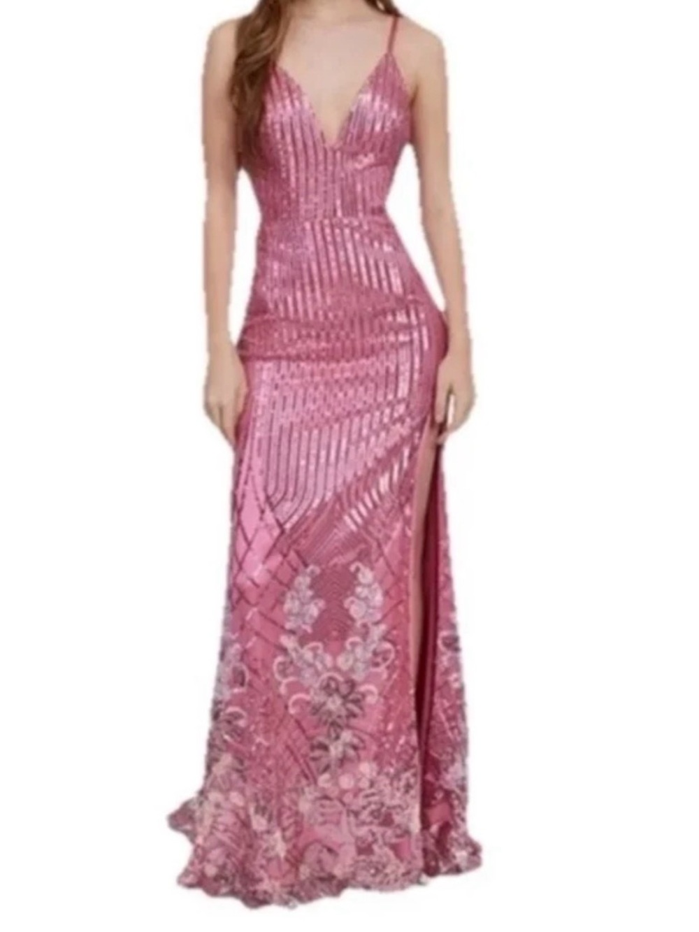 Dear Moon Pink Sequined Slit Long Formal Floral Hoco Prom Train V Neck  NWT 3